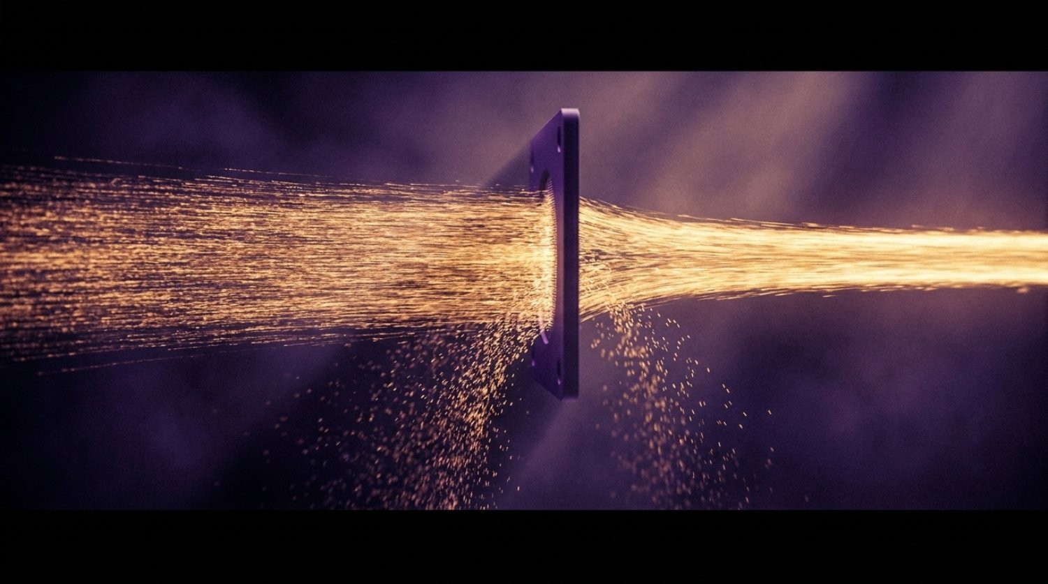 A stream of gold light particles passing through a filter, with a portion deflected into shadow