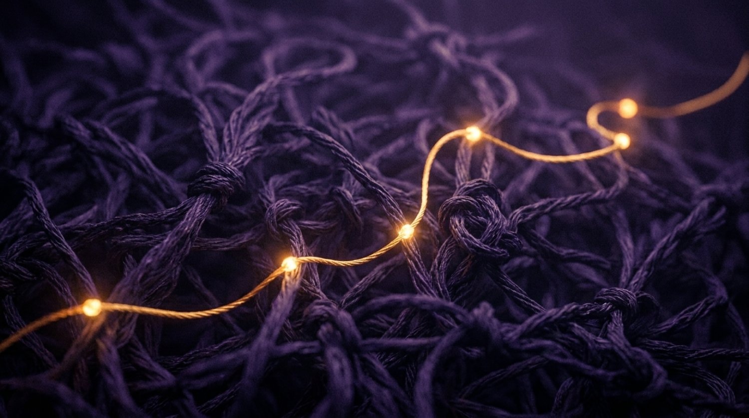 A single gold thread traced through a dense tangle of dim violet threads