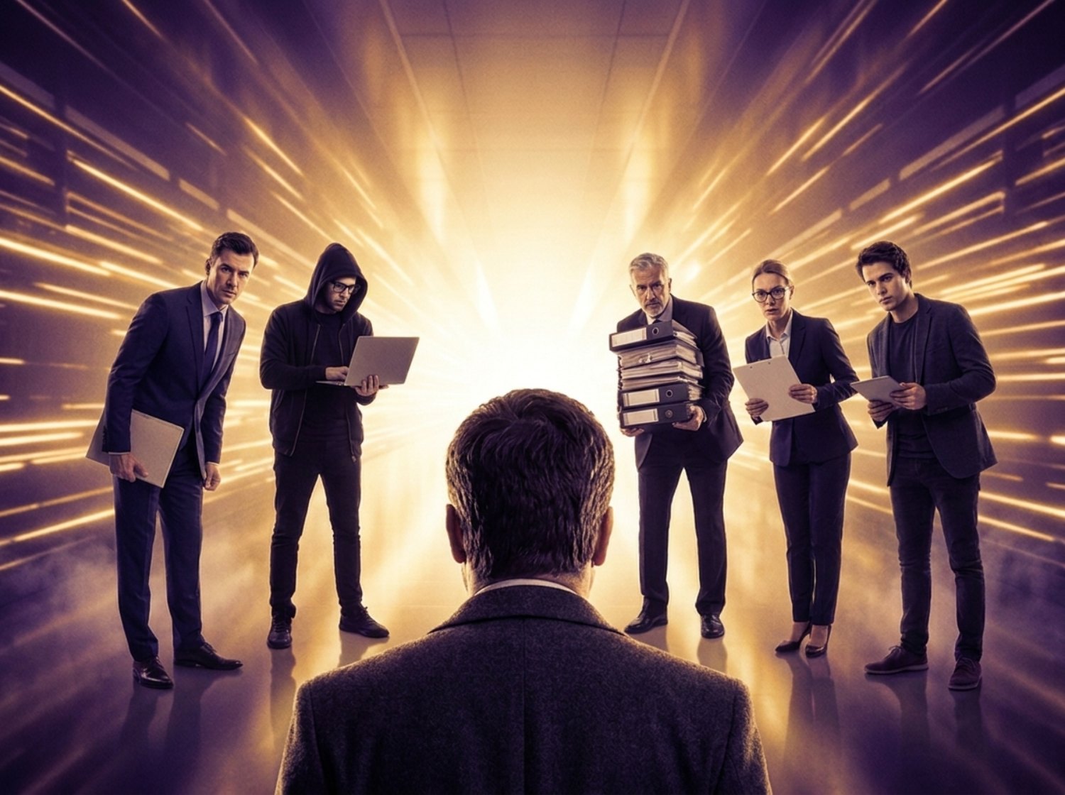 A business leader seen from behind, facing a competitor, a cyber threat, legacy systems, a compliance gatekeeper and a disruptor in a corridor of racing gold light