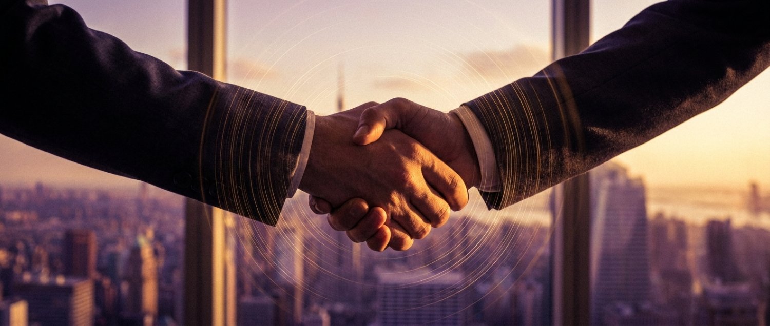 A close crop of a firm handshake in warm light, fine signals radiating from the joined hands