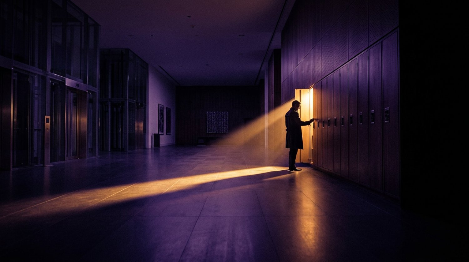 A customer alone at a lit locker bay in dark, closed premises late at night
