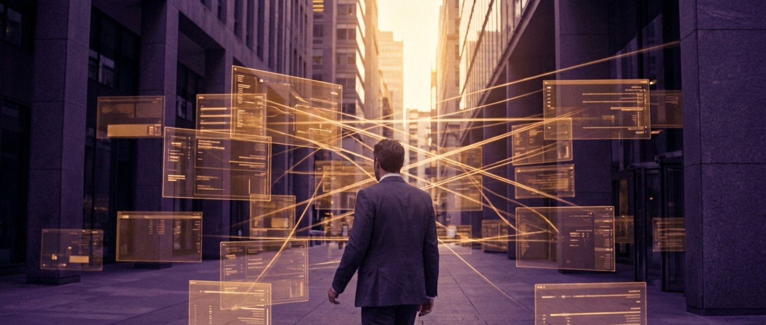 A business leader dwarfed by a crowded, disordered digital business district