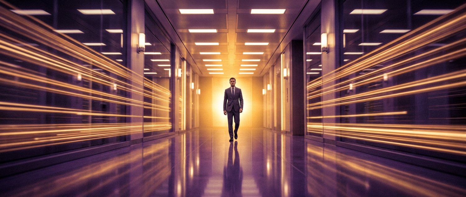 A clear corridor of light opening ahead as the environment blurs past