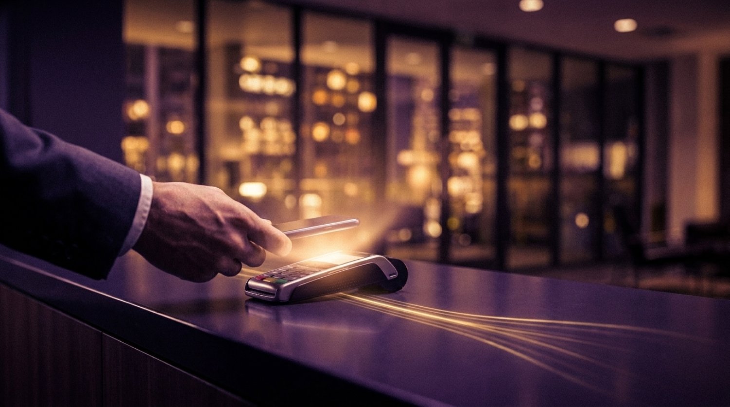 A hand extending a phone to a payment terminal at night, a warm gold bloom at the moment of contact