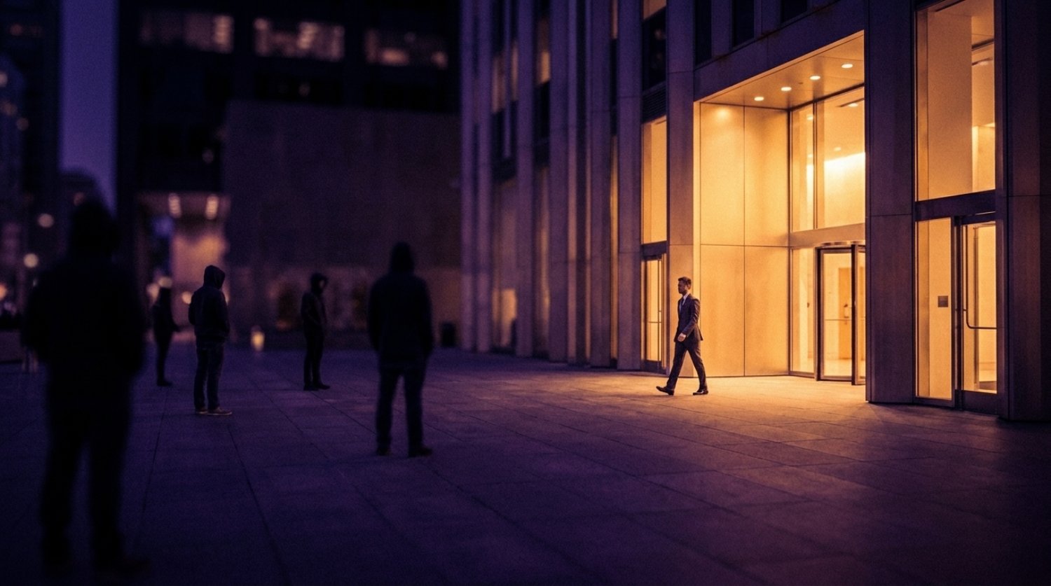 A figure walking into a lit entrance while others are turned away in shadow before reaching it