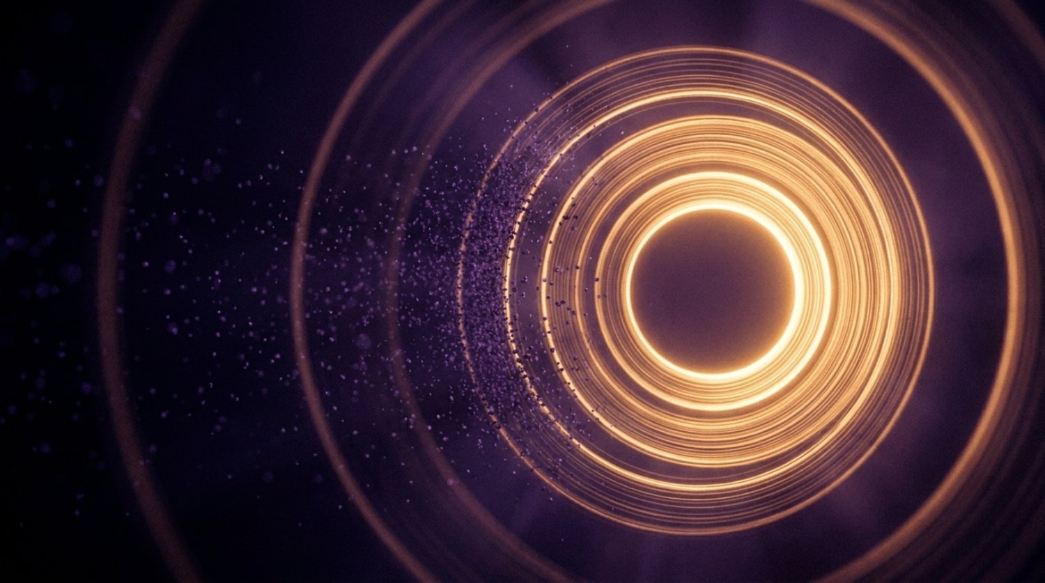 Five concentric rings of gold light with particles dissolving at the outermost ring