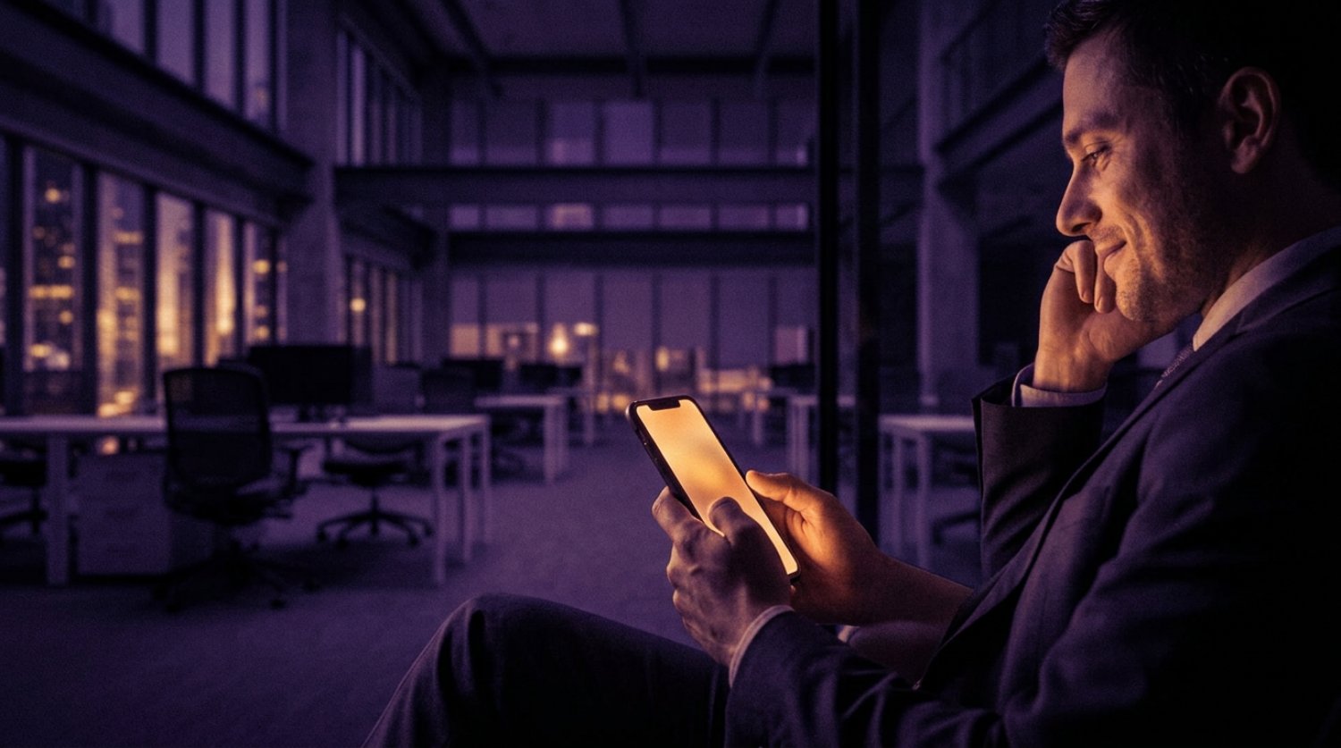 A person alone at night, lit by their phone, being helped in conversation while the office behind them is dark and empty